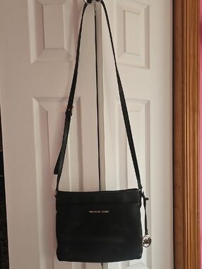 Michael Kors Black Leather Crossbody with Gold Logo Charm